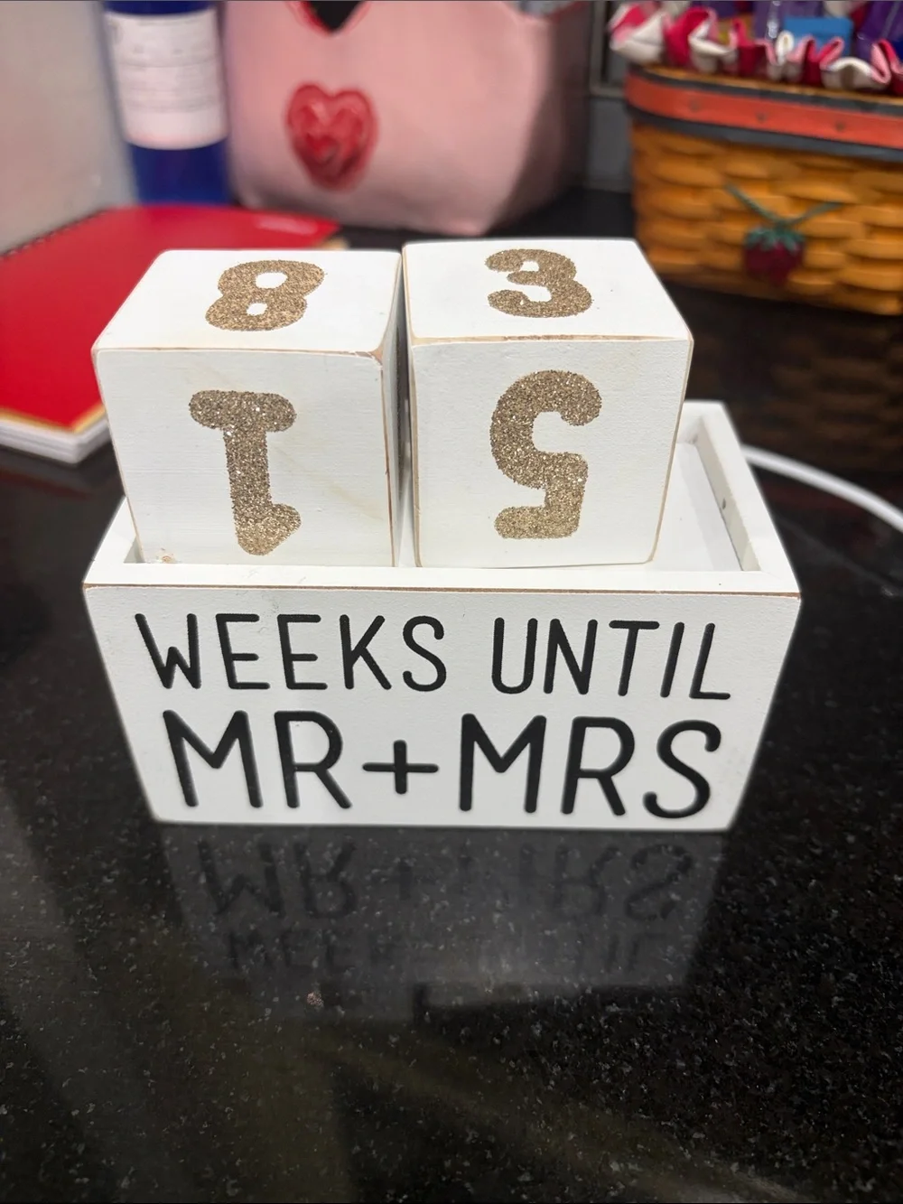 White Wedding Countdown Blocks with Gold Glitter Numbers